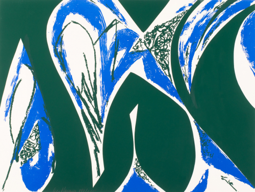 Non-objective design in blue and green on cream-colored paper.