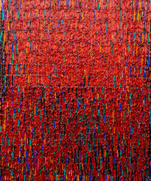 Large-scale impasto painting, predominate color is red with supporting colors black, blue, green, yellow, and white