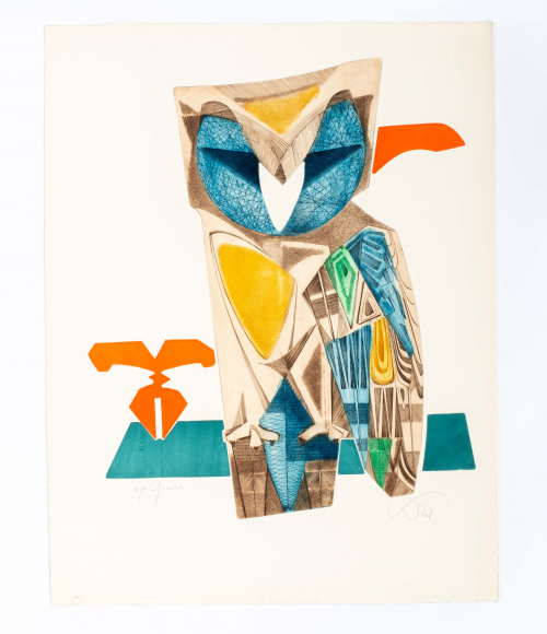 A stylized depiction of an owl with closed eyes in colors of brown, yellow, blue, and green. 