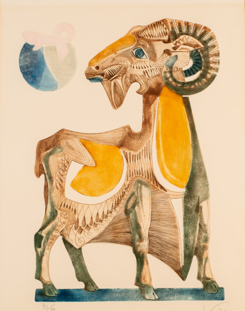 A stylized depiction of a ram in colors of brown, yellow, and blue. A circular form is shown to the upper left