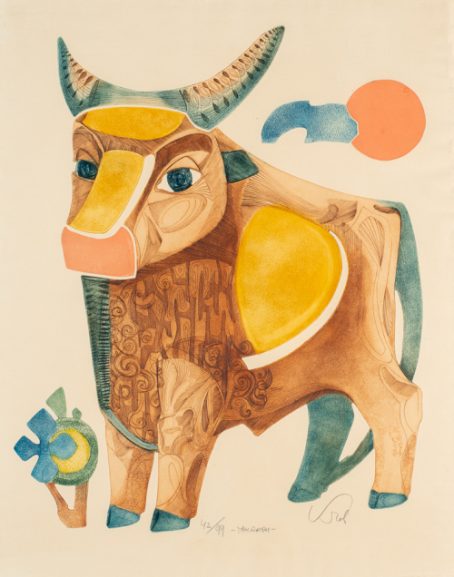A stylized depiction of a bull in colors of brown, yellow, blue, and pink-orange. Sun and cloud in upper right