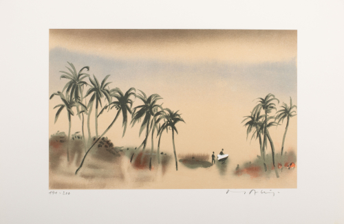 Along foreground are groupings of palm trees, smaller group on right with two figures wading in water between