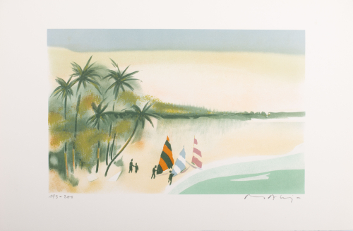 Beach scene with skyline and forest area in background. Palm trees in midground. Three sail boats with figures on shore.