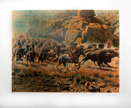  Native American is hunting a herd of buffalo on the move. Other buffalo are in stampede as well and going into the background 