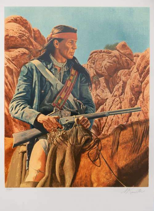 In foreground is a side view of an American Indian riding a horse while holding rifle across his lap and looking towards right 