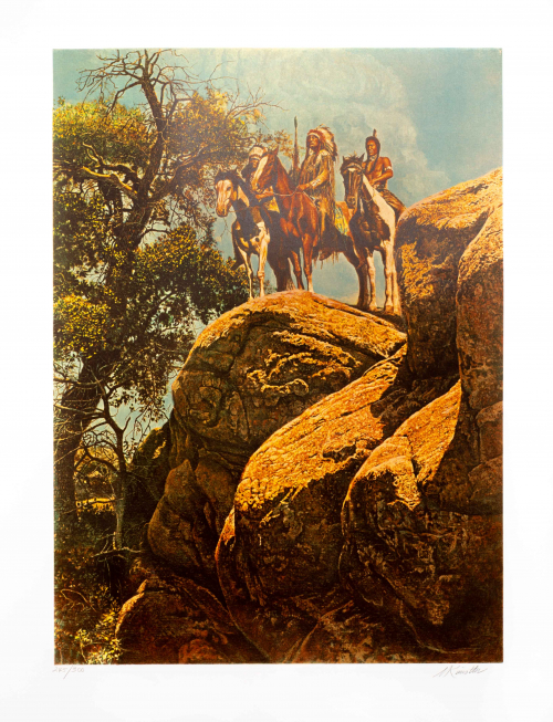 Three Native Americans on horses on top of boulders. Trees growing off the rocks, sky in background shows a storm front.