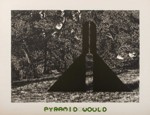 The words "Pyramid Would" in green print along bottom. Thick, black and white woods in background; two black triangles in front