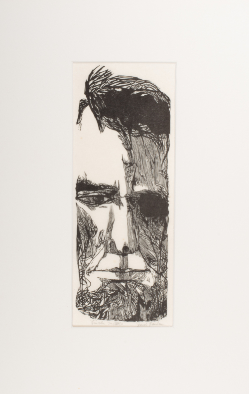 A narrow vertical loose high-contrast portrait of the face of Abraham Lincoln.