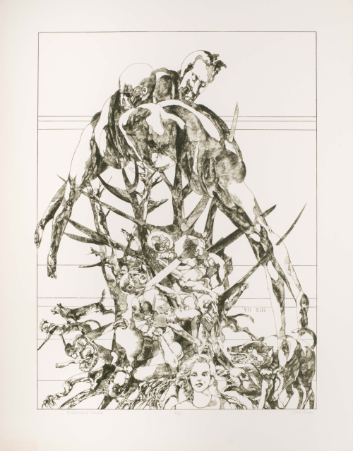 Two figures at the top of the print are intertwined and impaired by branches of a tree; below are several others in violent acts