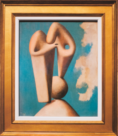  image of an abstract painting in gold frame, features a pink-beige curvilinear shape in blue sky-like field
