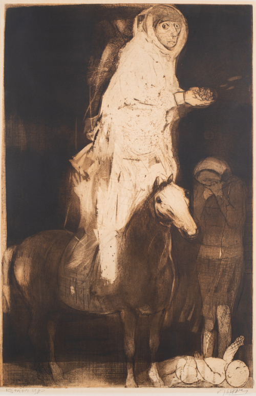 A figure in white, clasping his hands on a horse. A child is on the ground and a woman in the background