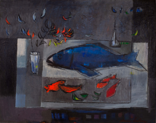 large rectangles in the background with large blue fish on right half and smaller fish beneath. plants in vase in left/back