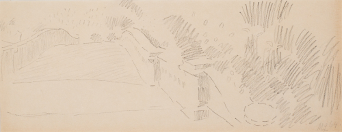Pencil drawing of the beginning of a bridge walkway. A similar drawing may be found on the reverse side of the drawing