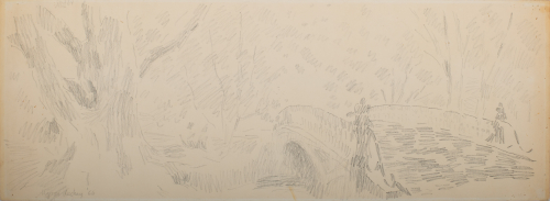 Graphite used with sketchy linear shadings of a large tree at the left, bridge at the right and more trees in the background