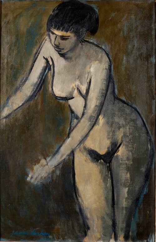 Linear rendering of a nude woman in greens and blues