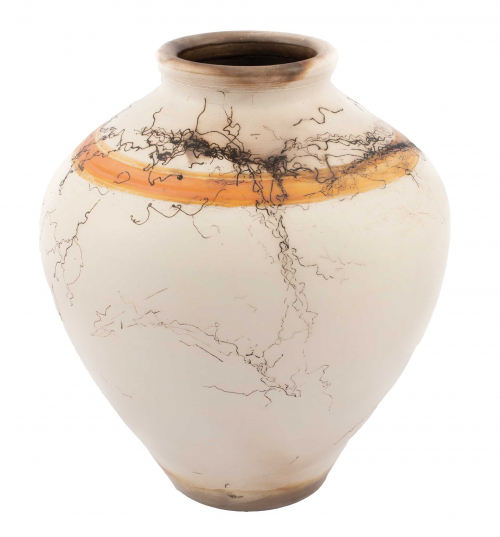  predominantly white horsehair raku-fired vase with a narrow orange band at the shoulder.