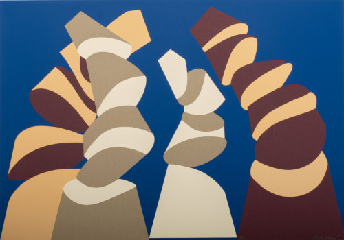 four cones cut up blue background with pale yellow and maroon making up midground cones, grey and bone colors make up front two 