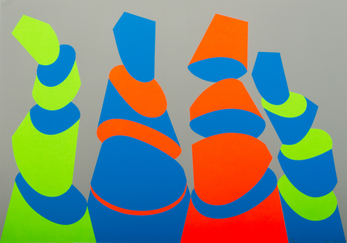 Four cones cut up with two outside ones contrasting in green and blue while two central cones contrast in blue and red against a