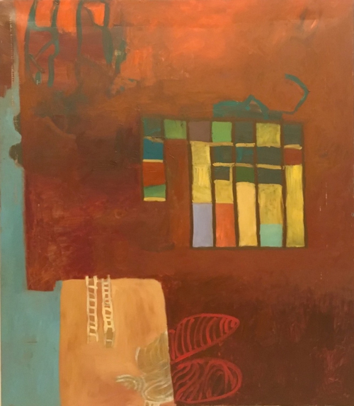 Mostly rust-colored background with brightly-colored rectangles and shapes