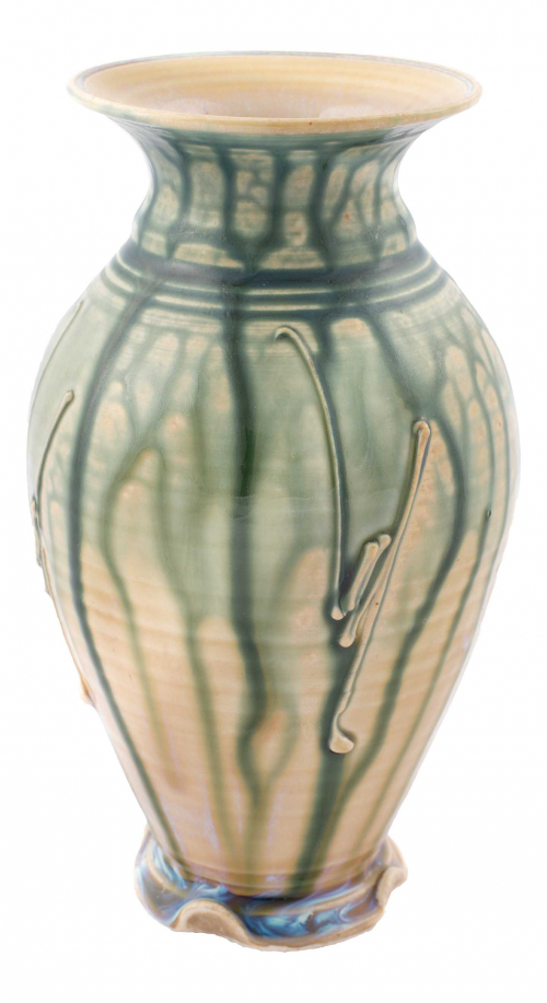  amphora-shaped vase with a beige underglaze and and green overglaze that drips down the length of the vessel.