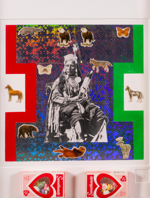 Sioux Indian in center on green, red and multi-colored reflective paper with stickers of animals around two boxes of Sweathearts