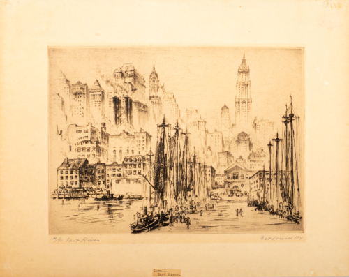 A loose/sketchy depiction city towers in the middle and far distance and sailboats with strolling figures in the foreground.