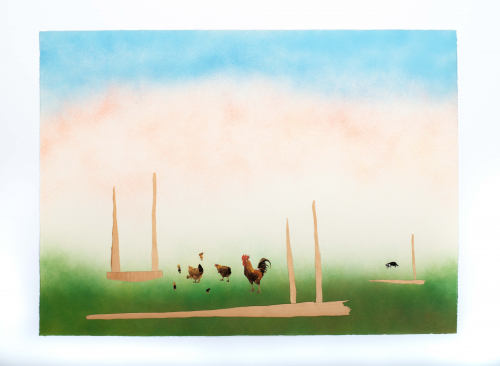green ground, blue and orange sky, strips of thin wood attached to surface. Chickens and rooster to left and a dog to left.