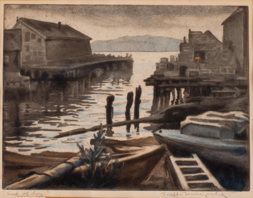 Blue and gray scene of a dock with water and buildings in the background and boats in the foreground