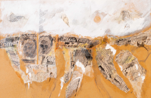 Tan background, with scraps of newspapers scattered and white paint on various spots