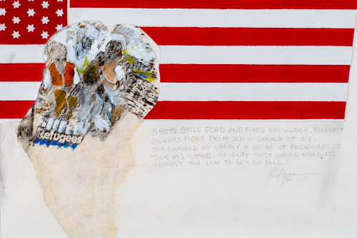 Painting and collage with images of a skull, an American flag, and figures with some text.