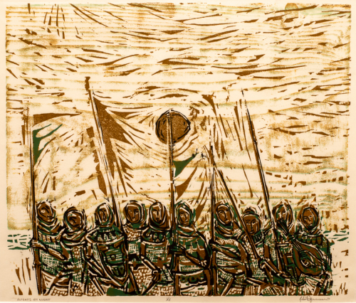 Green, bronze and black print of a row of knights; some are holding flags and one is playing the mandolin.