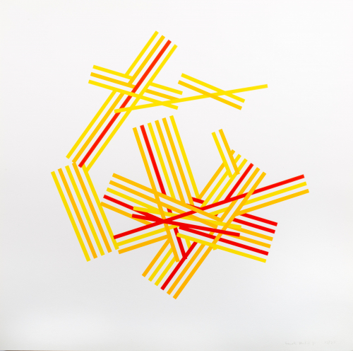 Use of even and thick lines of color arranged in no particular fashion.  Yellow, red, and orange are colors of several lines 
