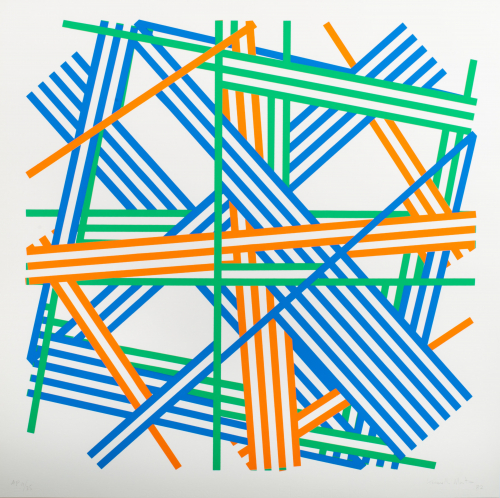 Screen print with thick and even orange, blue, and green lines.  All lines run at angles, with some being cut off by other lines