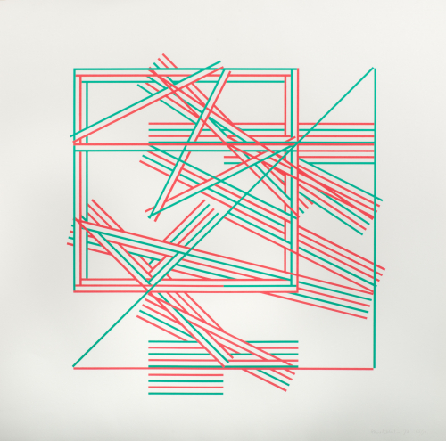 Thick, even lines of green and red loosely placed; squared shaped by three lines on upper left; triangle shaped by another set