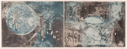 Machine forms in 2 panels on a single piece of paper; blues and grays; illustration for "Come Detta Dentro vo Significando"