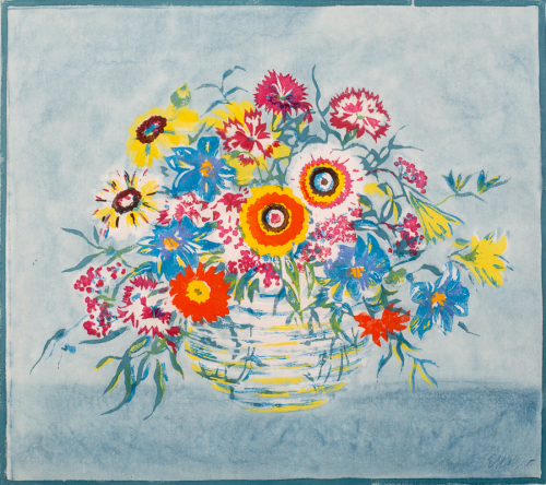 Blue background with a dark blue boarder; vase of brightly-colored flowers