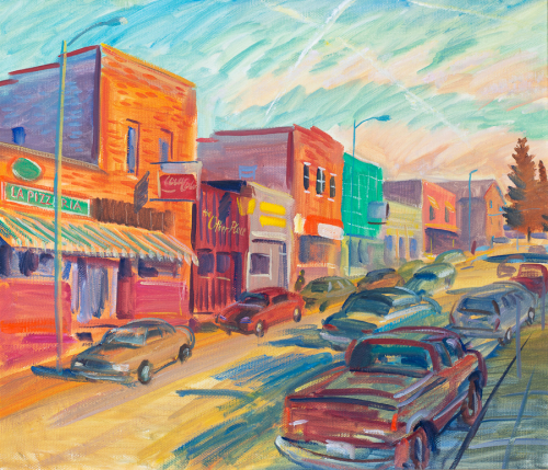 The painting is of the Hill where UNI college students hang out at after school. Cars and trucks drive up and down street.