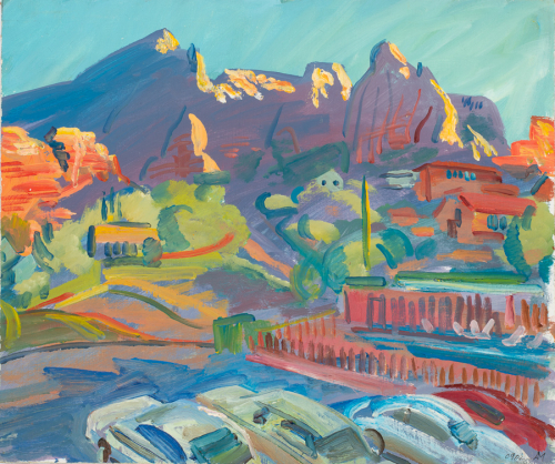 Painterly, brightly colored rendering of cliffs and houses, with automobiles in the foreground