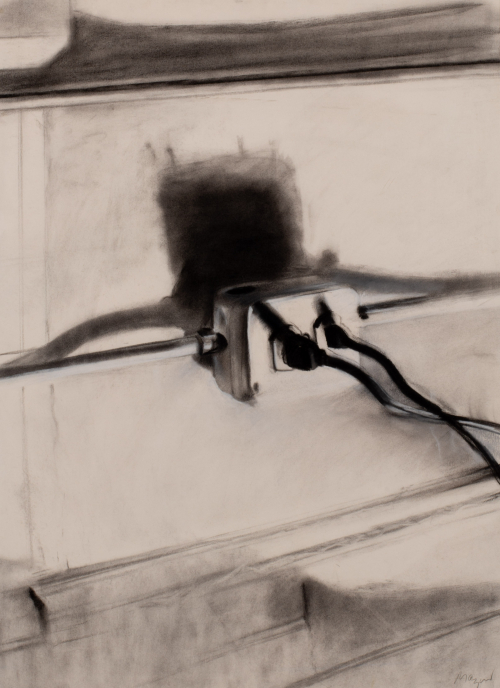 Black and white drawing of two cords plugged into a horizontal outlet; extreme lights and darks throughout the drawing