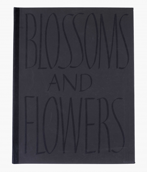 Black cover to portfolio, title "Blossoms and Flowers" printed largely in all capital letters takes up entire cover