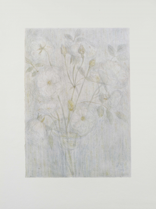 light-blue-toned print of several flowers