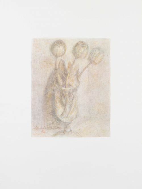 ochre-toned print of three flowers in a glass vase
