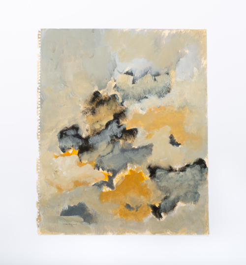 A cloudy non-representational composition painted in grays and yellows