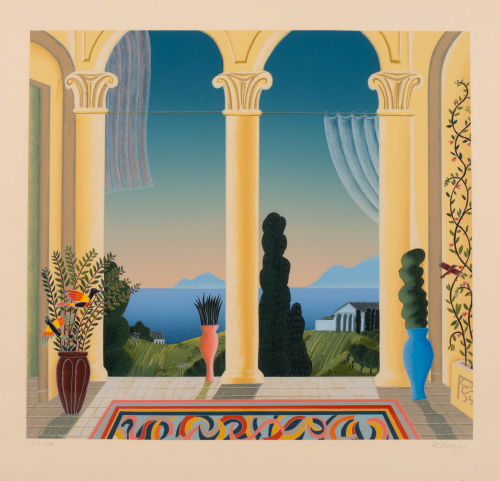 Landscape view from inside a Greek temple; very stylized landscape with trees, birds and bright colors