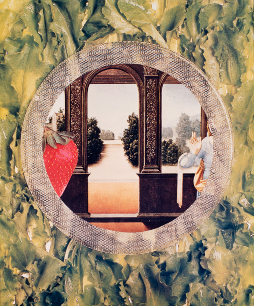  A window surrounded by lettuce that looks through a circular opening  into a scene with a doorway and a garden in the distance.