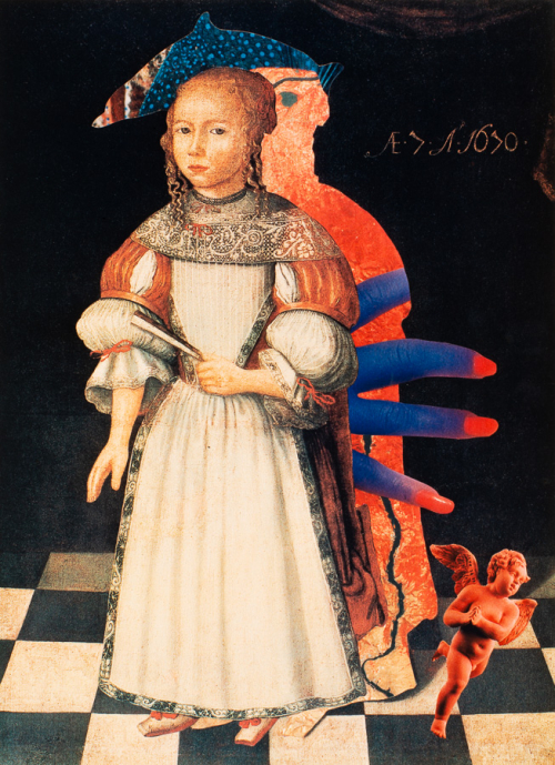 A surreal composition dominated by a girl dressed in Renaissance clothing, a blue hand with red fingertips behind her
