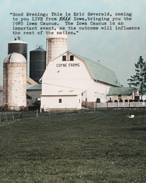 Green pasture in lower half of image; white barn and silos in upper half with blue sky in the background, text along upper edge