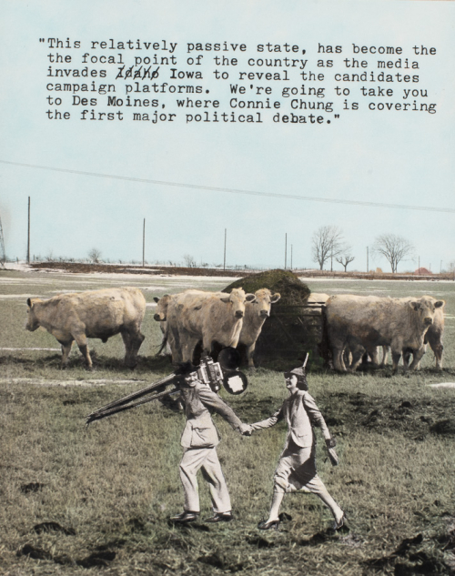 Small herd of white cows in vertical center of image; 1940s black-and-white image of man and woman collaged, text above