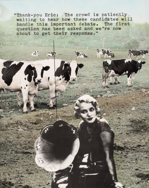 Herd of holstein cattle in lot; 1920s woman seated near an old phonograph horn collaged on top, text above