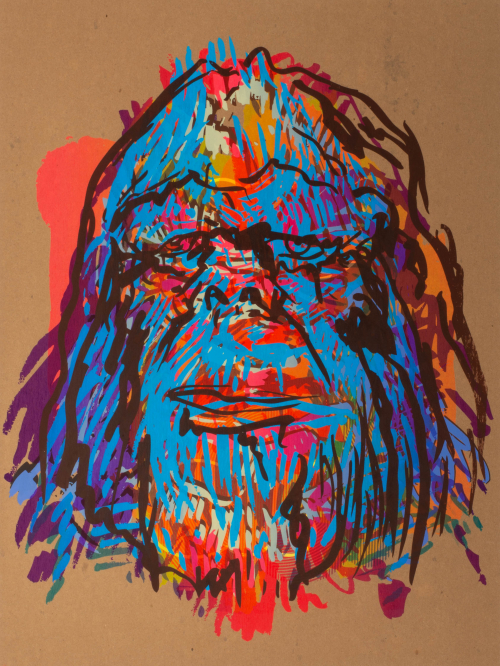 A colorful portrait of a yeti, mostly in blue, pink, and purple and contoured with dark brown lines